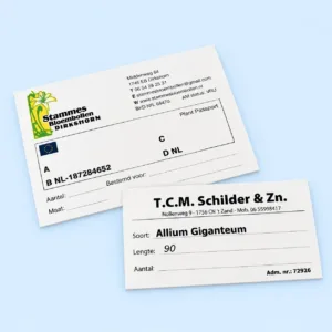 Bedrukte bollenkaartjes met eigen gegevens voor gebruik in bollenkratjes
