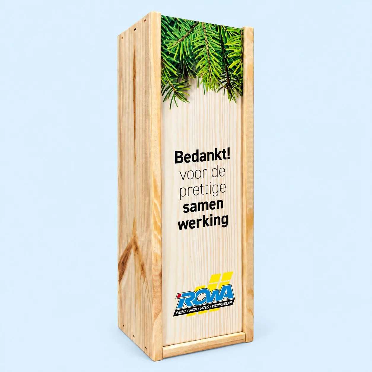 Wijnkistje geschikt voor 1 fles wijn bedrukt met eigen logo en tekst