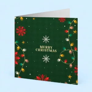 Vierkante gevouwen kerstkaart met feestelijk ontwerp, geschikt voor persoonlijke kerstwensen.